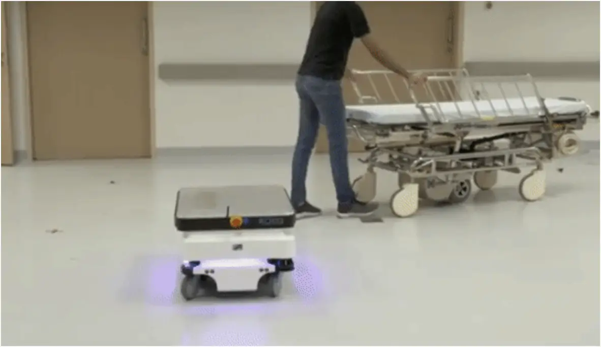A robot navigates a hospital with both humans and other robots