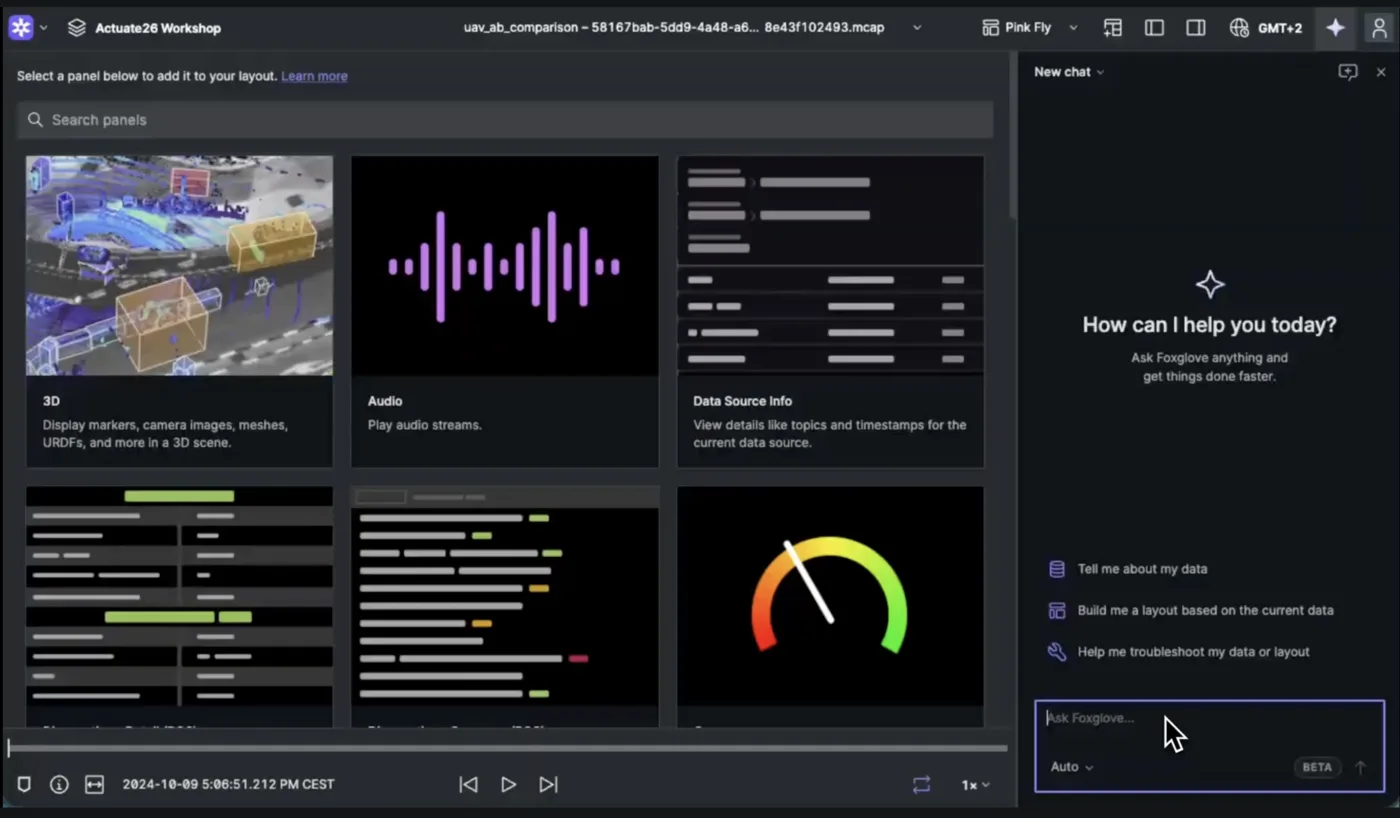 Foxglove AI assistant alongside the panel library