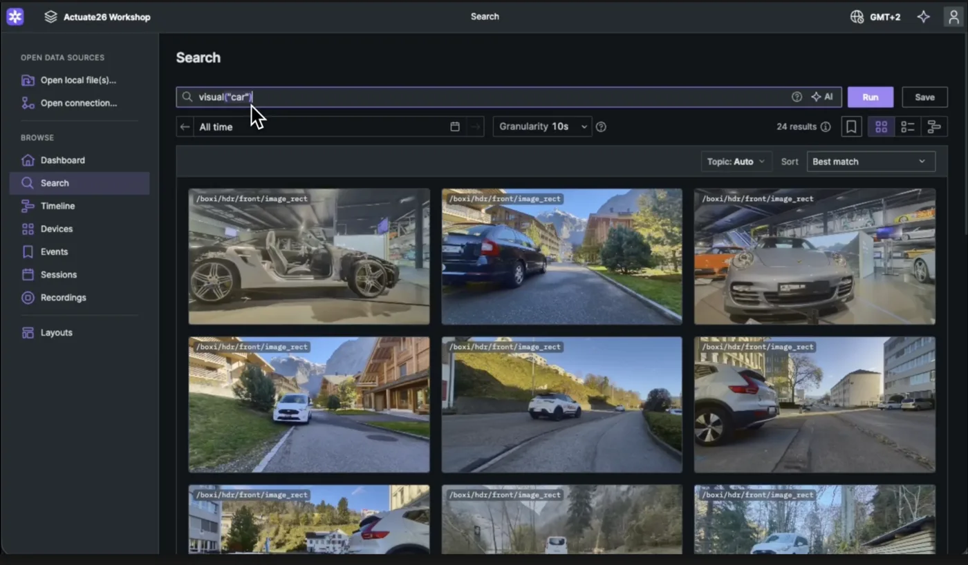 Foxglove search returning every frame containing a car across a fleet recording