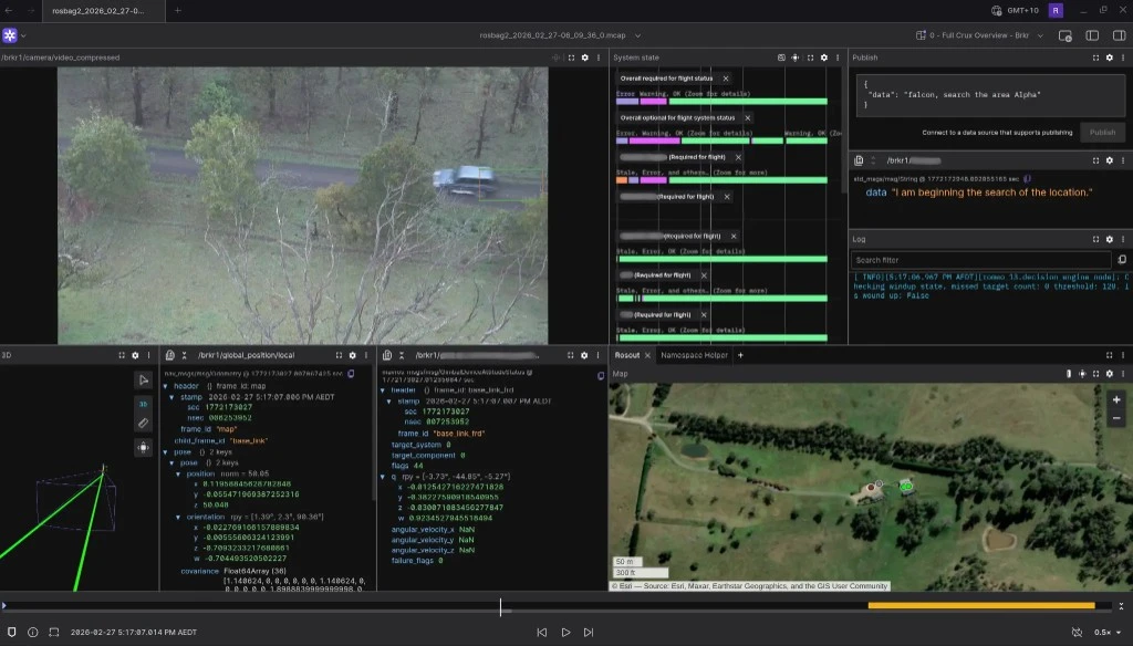 Foxglove layout showing camera feed, system state, logs, and map data during a Breaker field run.